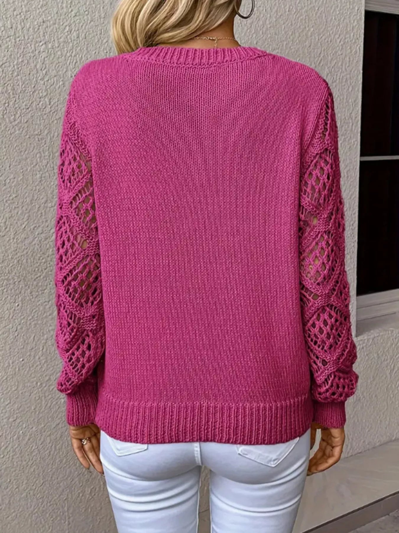 Openwork V-Neck Long Sleeve Sweater OutfitFlow