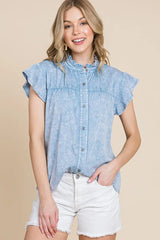 Lime 'N' Chili Mineral Wash Flutter Sleeve Button Down Shirt OutfitFlow