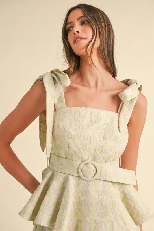 MABLE Jacquard Floral Peplum Top and Flare Shorts Set OutfitFlow