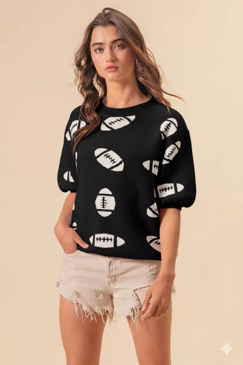 BiBi Football Pattern Short Sleeve Sweater OutfitFlow