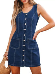 Button-Front Sleeveless Denim Dress OutfitFlow
