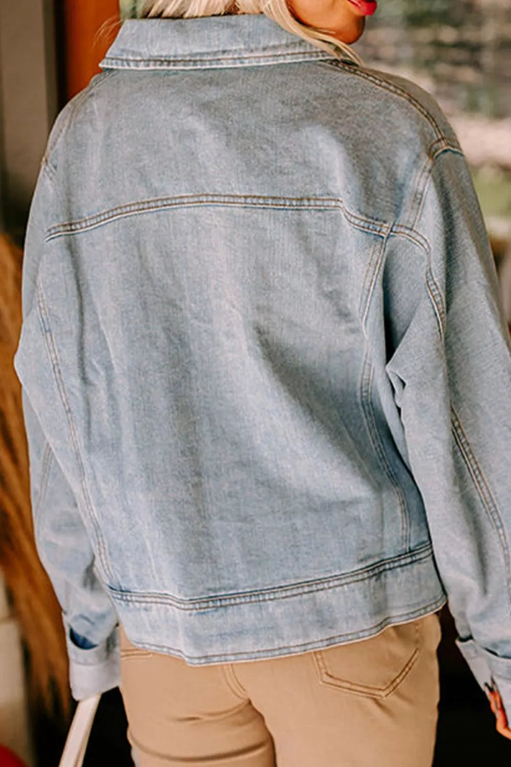 Zip Up Drop Shoulder Denim Jacket OutfitFlow