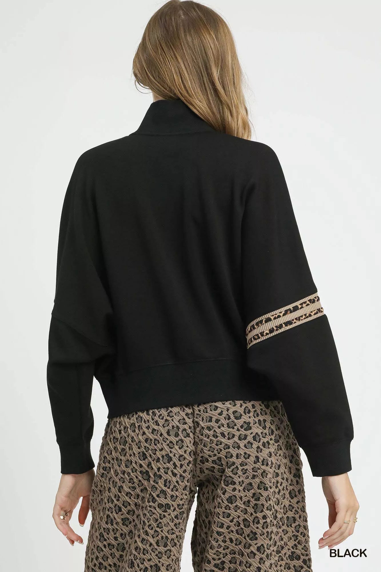 Umgee Zipper Up Cropped Jacket with Leopard Trim OutfitFlow