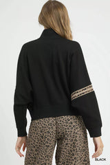 Umgee Zipper Up Cropped Jacket with Leopard Trim OutfitFlow