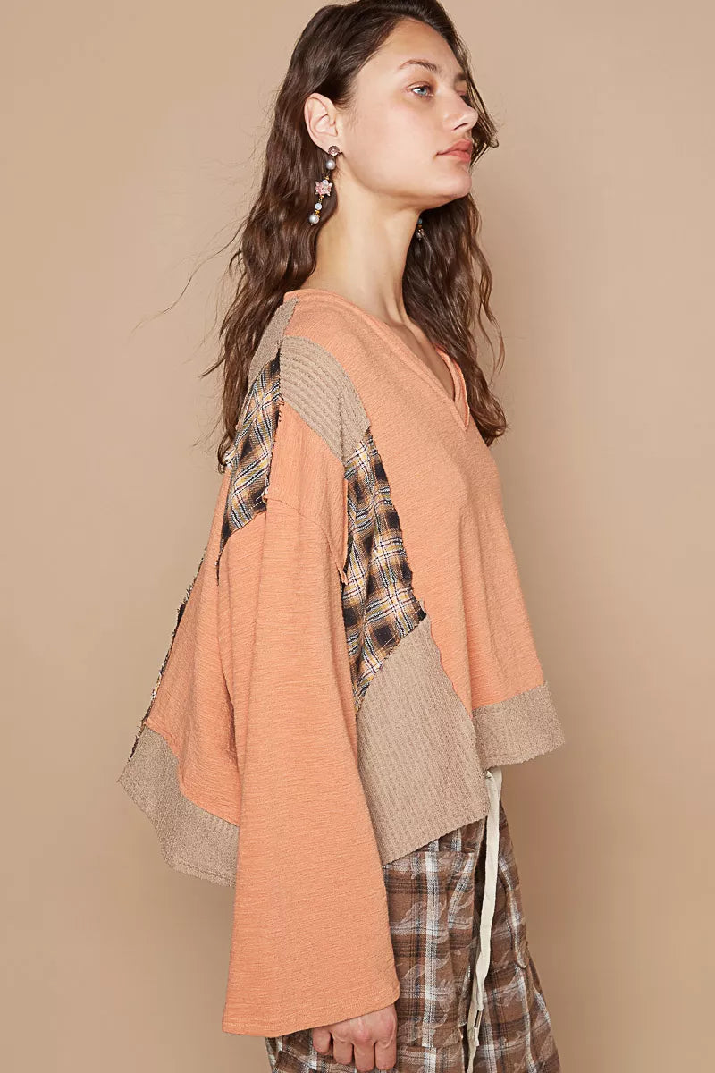 POL V-Neck Long Sleeve Plaid Contrast Top with Texture Knit Detail OutfitFlow