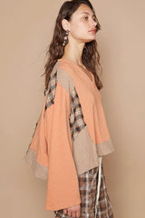 POL V-Neck Long Sleeve Plaid Contrast Top with Texture Knit Detail OutfitFlow