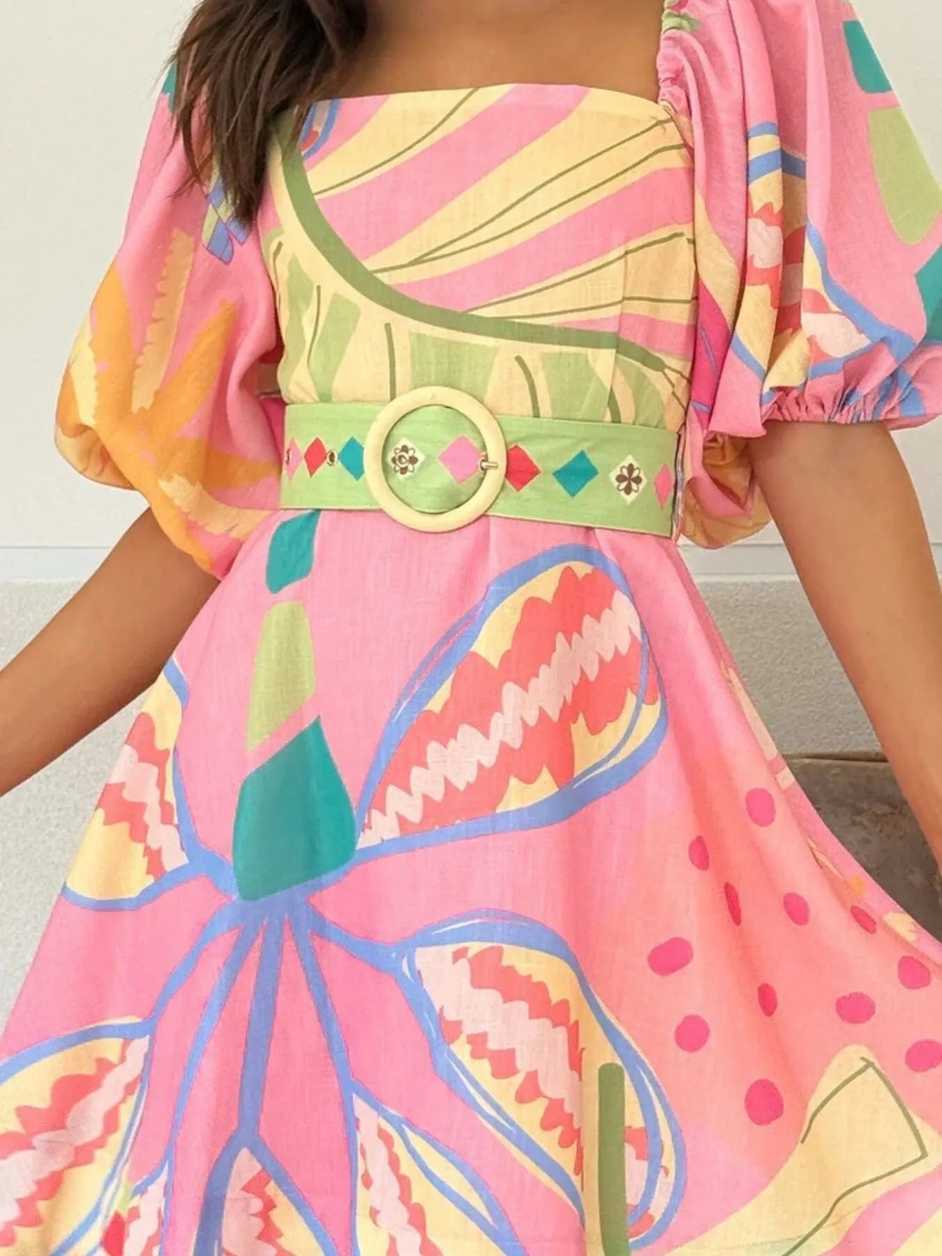 Colorful Print Belted Mini Dress with Puff Sleeves OutfitFlow