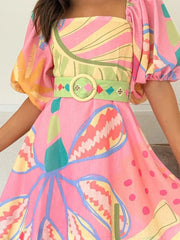 Colorful Print Belted Mini Dress with Puff Sleeves OutfitFlow