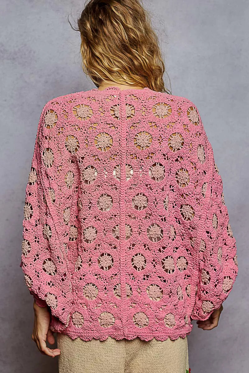 POL Openwork V-Neck Chenille Cardigan with Contrast Floral OutfitFlow