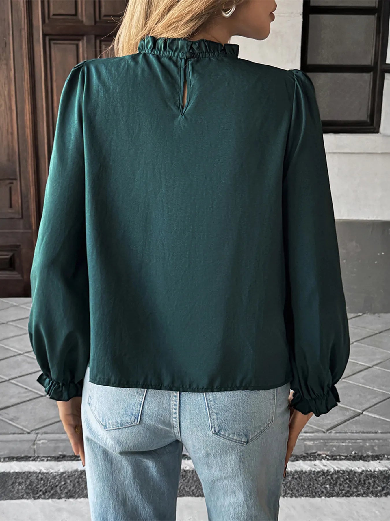 Ruched Round Neck Long Sleeve Blouse OutfitFlow