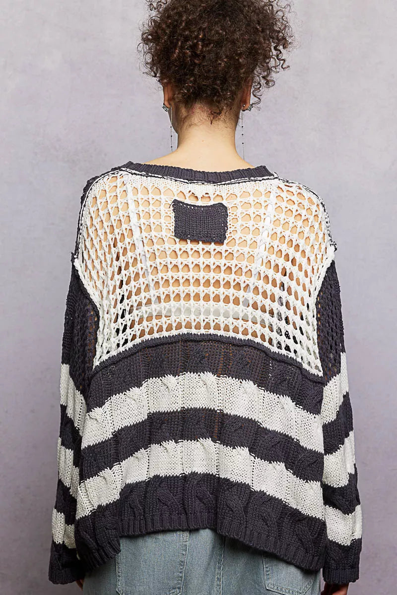 POL Color-Blocked Stripe Pattern Knit Top with Twisted Weave OutfitFlow