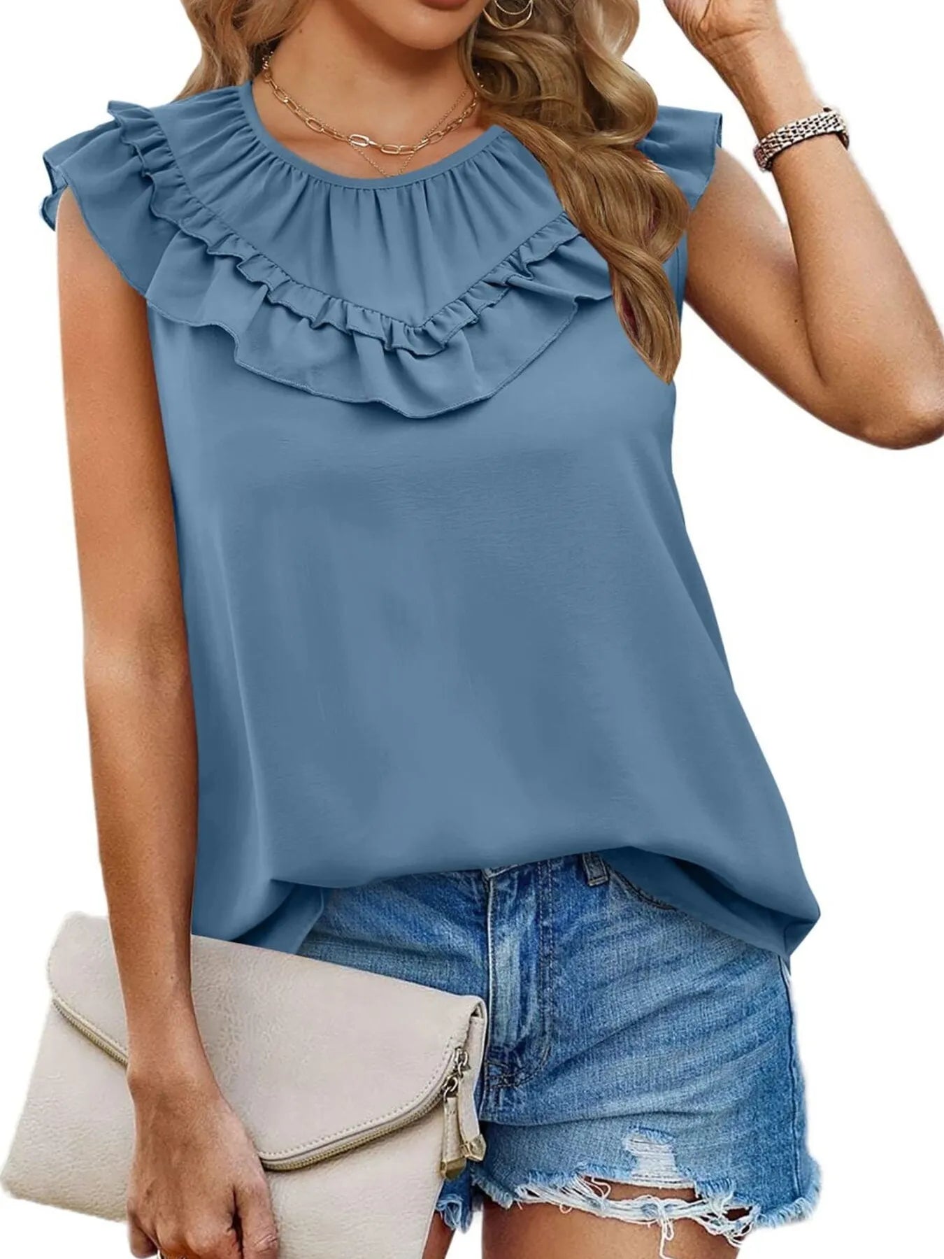 Ruffle Trim Round Neck Blouse OutfitFlow