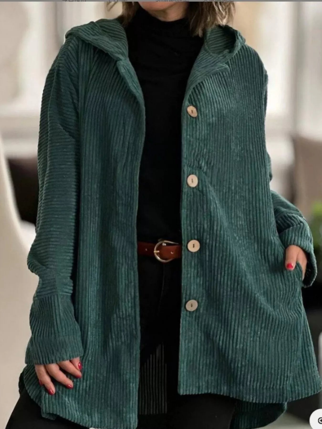 Full Size Corduroy Hooded Button-Up Jacket Plus Size Green OutfitFlow