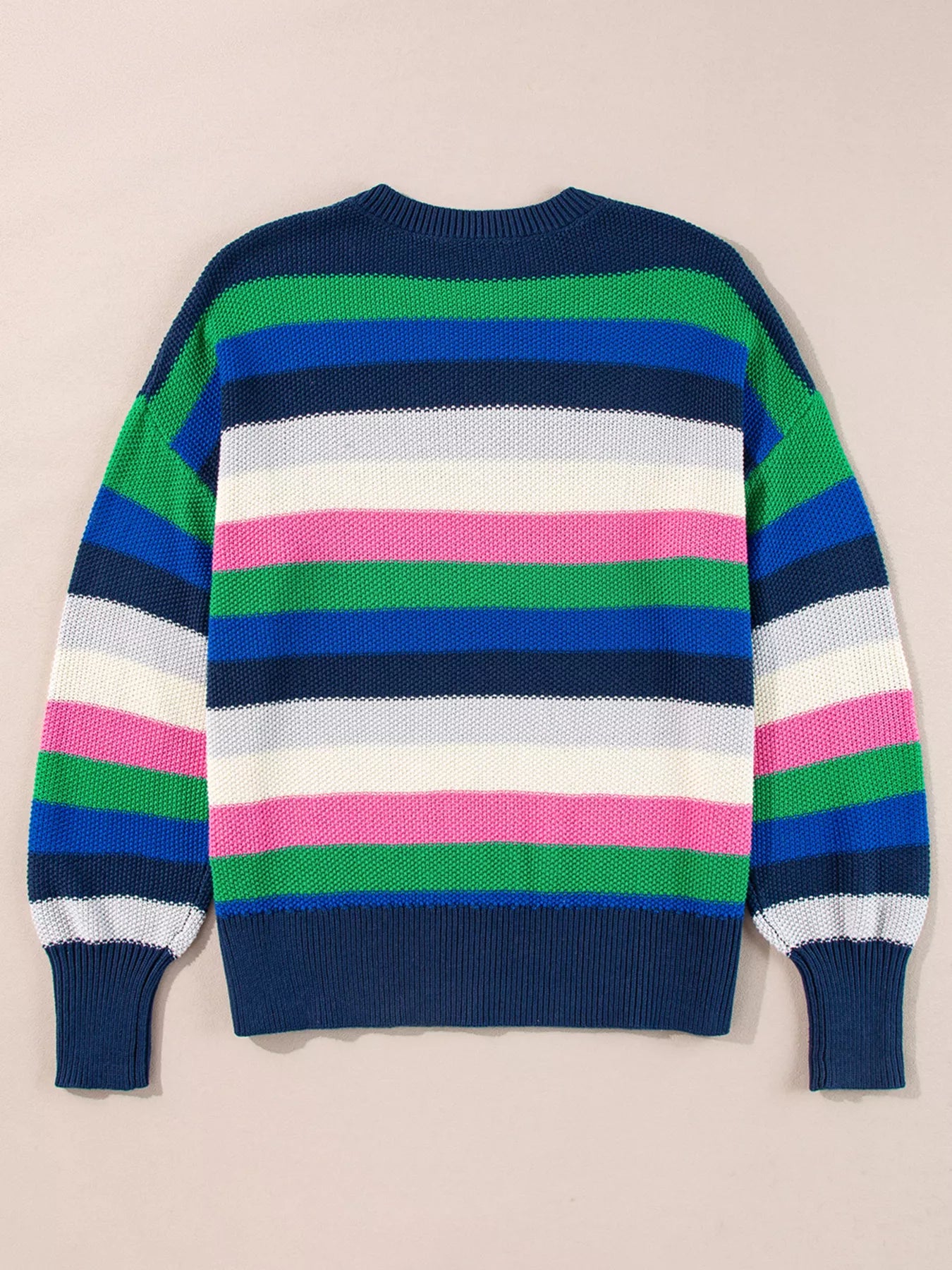 Rainbow Striped Crew Neck Drop Shoulder Sweater OutfitFlow