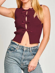 Bow Round Neck Cropped Tank OutfitFlow