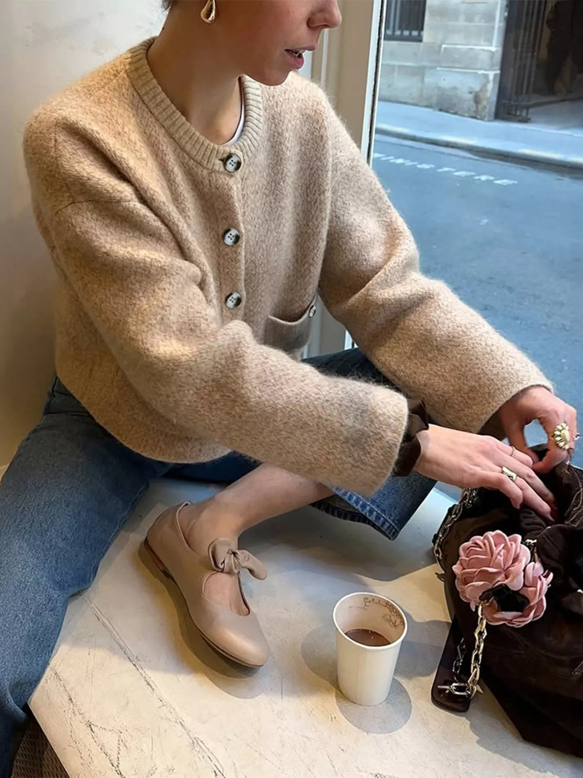 Textured Knit Button-Down Cardigan Khaki OutfitFlow