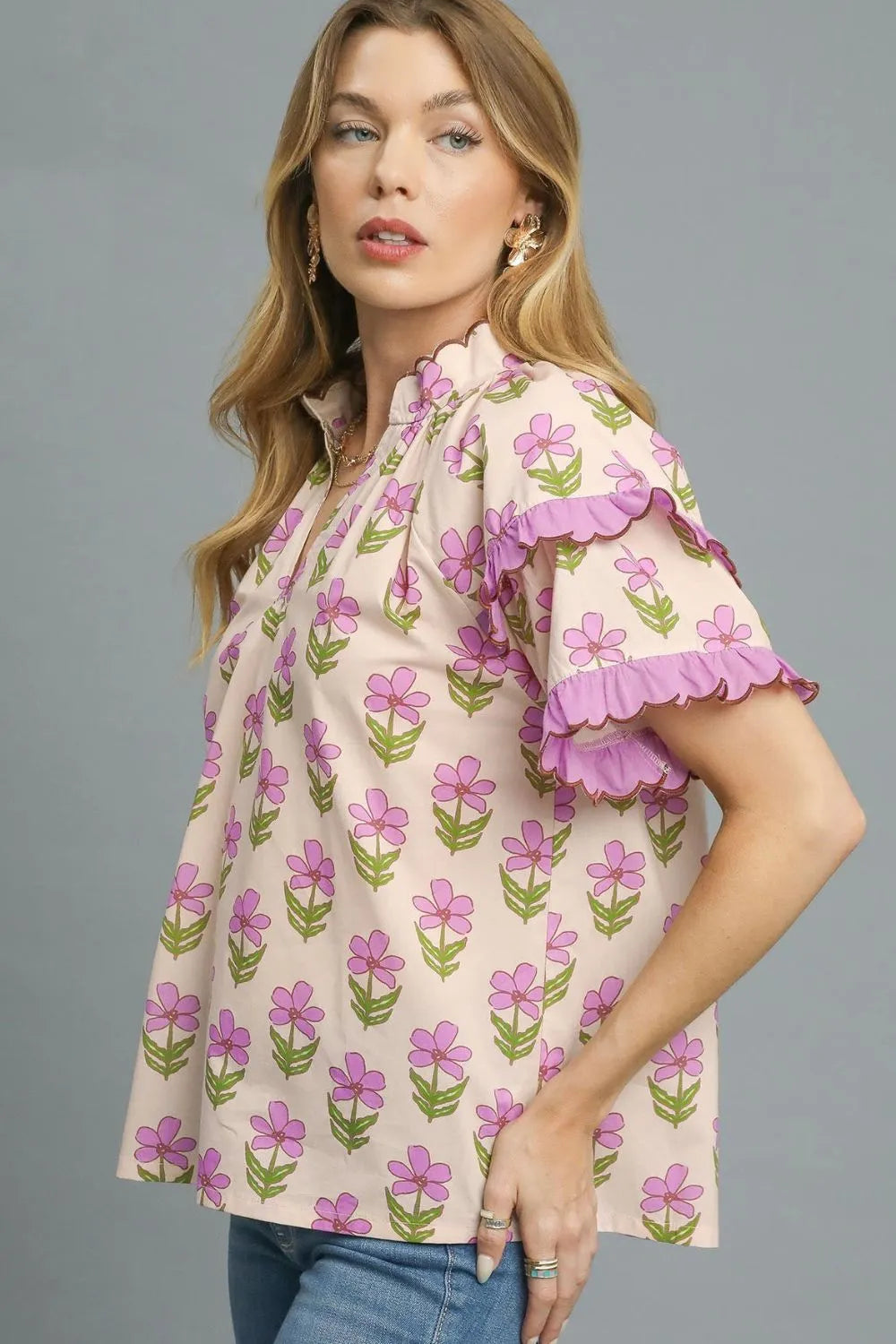 Umgee Floral Print Ruffle Short Sleeve Blouse OutfitFlow
