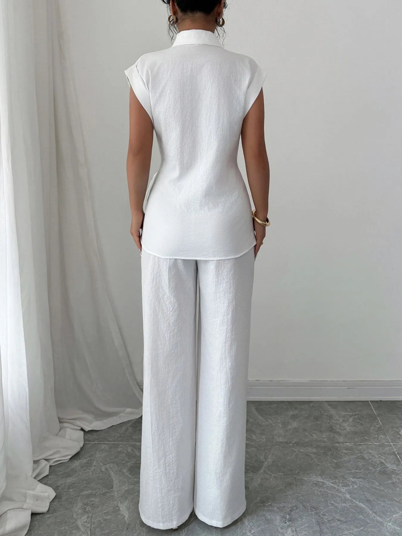 Collared Neck Cap Sleeve Top and Pants Set OutfitFlow