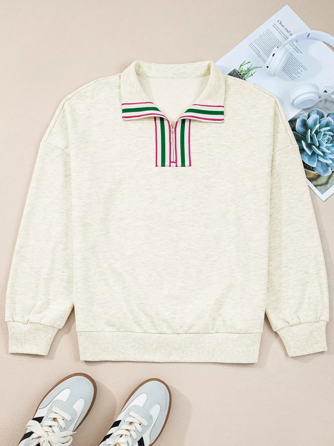 Contrast Striped Patchwork Zip Collar Sweatshirt Trendsi