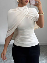 Ruched Mock Neck Shawl Half Sleeve Top OutfitFlow