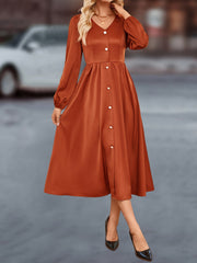 V-Neck Balloon Sleeve Midi Dress OutfitFlow
