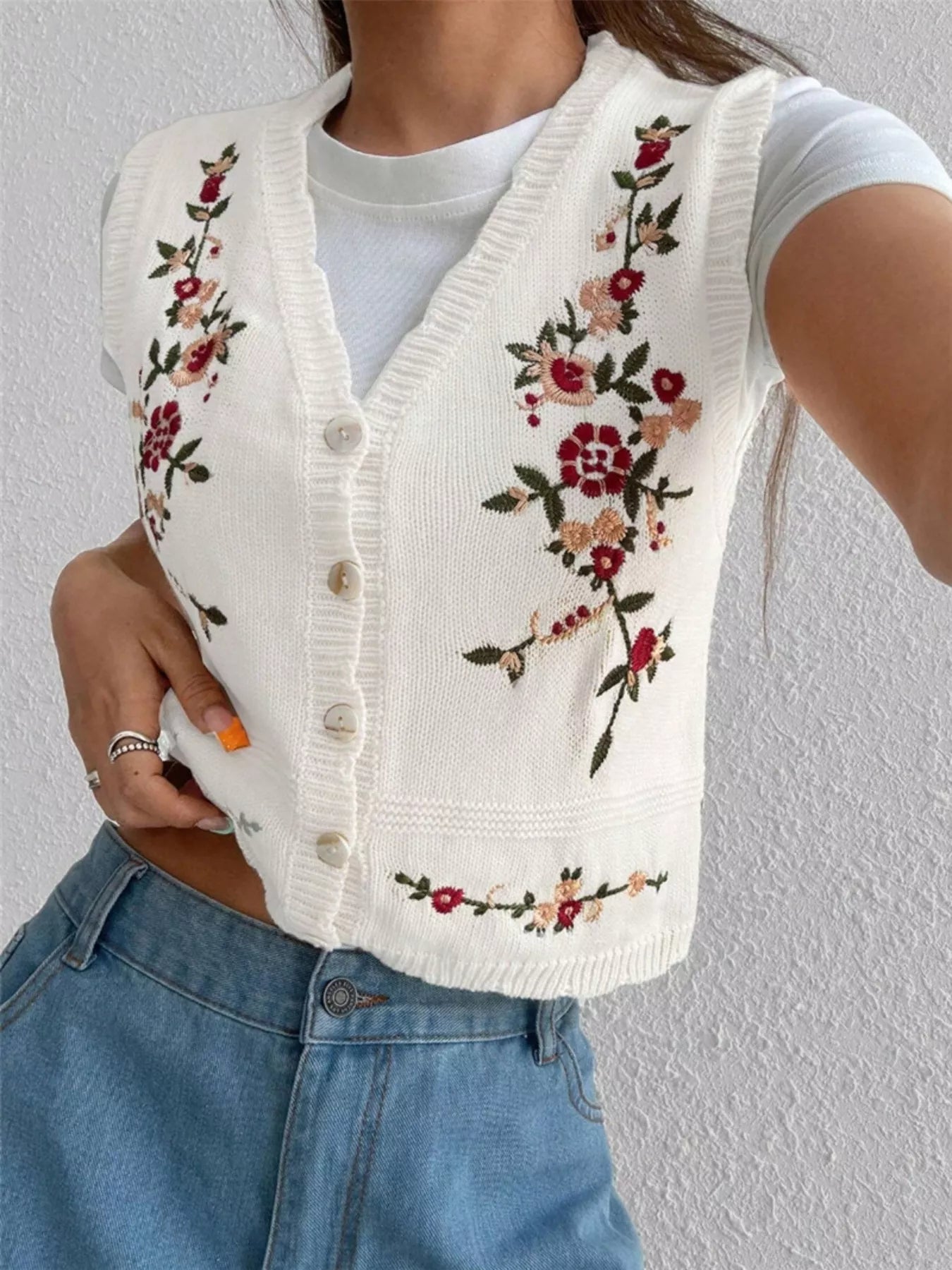 Embroidered Button Up Sweater Vest White OutfitFlow