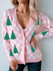 Christmas Tree Pattern Checkered Button V Neck Cardigan Dusty Pink OutfitFlow