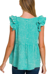 Zenana Double Gauze Acid Washed Tiered Ruffle Peplum Top OutfitFlow