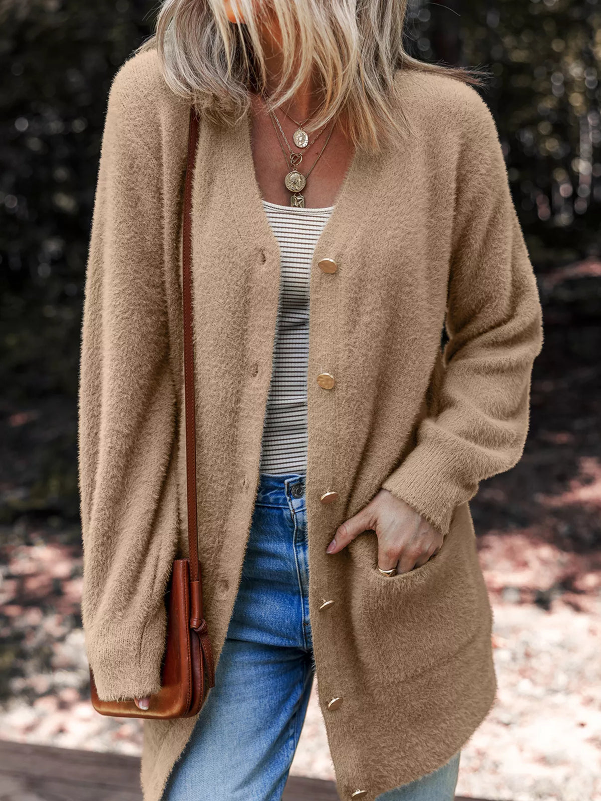 Fuzzy Buttoned Front Cardigan with Pockets Camel OutfitFlow