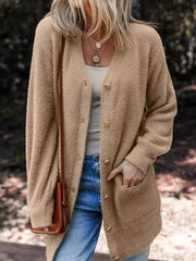 Fuzzy Buttoned Front Cardigan with Pockets Camel OutfitFlow