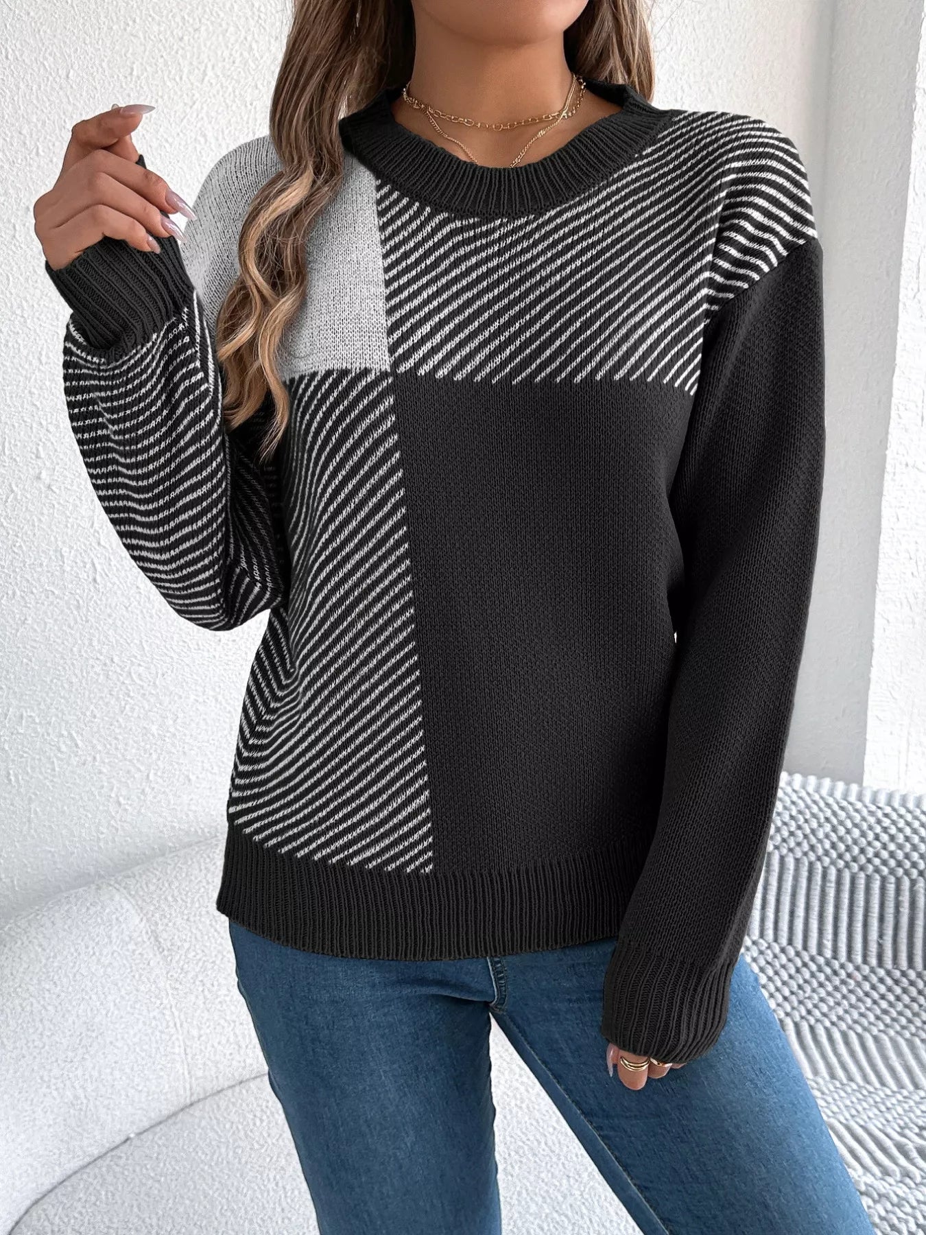 Color Block Striped Round Neck Sweater OutfitFlow