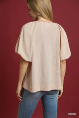 Umgee Texture Puff Sleeve Notched Blouse OutfitFlow