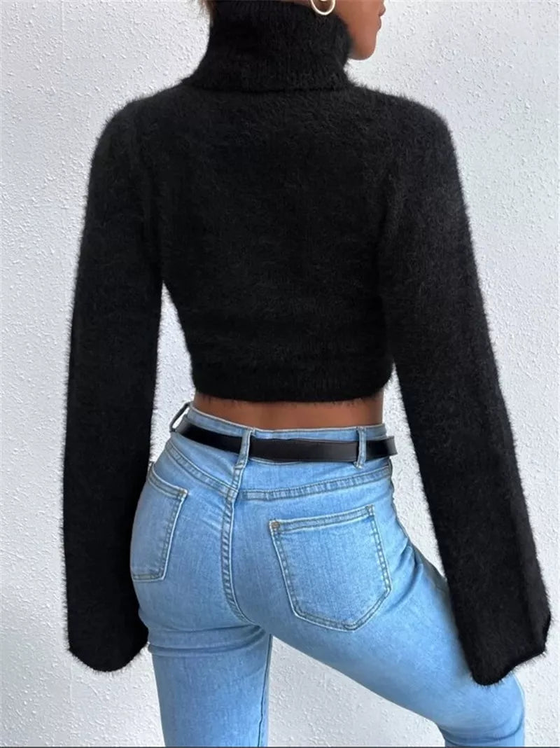Fluffy Knit Turtleneck Bell Sleeve Cropped Sweater OutfitFlow