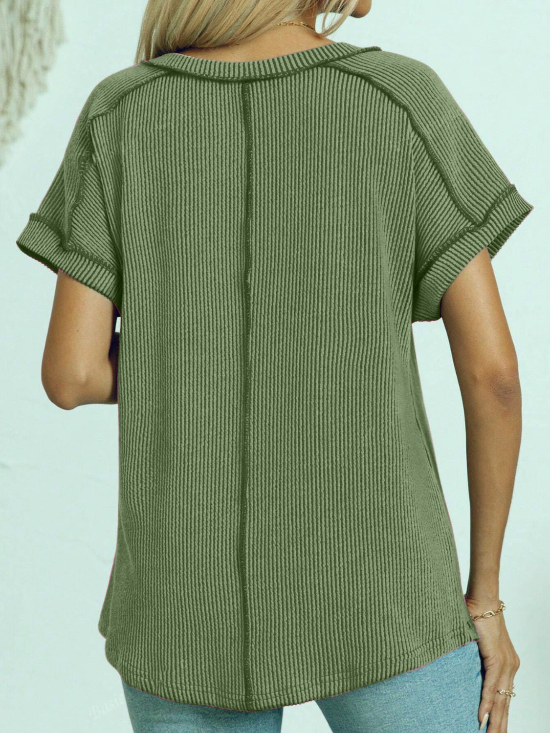 Exposed Seam V-Neck Short Sleeve Top OutfitFlow