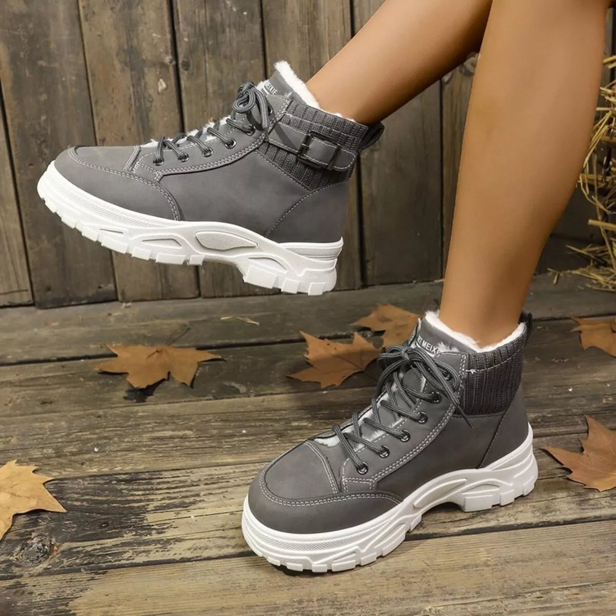 Plush Lining Lace Up Boots Dark Gray Trendsi