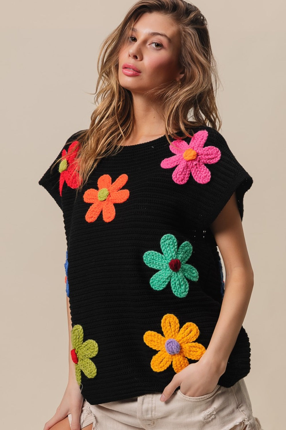 BiBi Flower Round Neck Cap Sleeve Knit Top