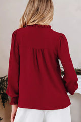 Notched Neck Shirred Cuff Long Sleeve Blouse OutfitFlow