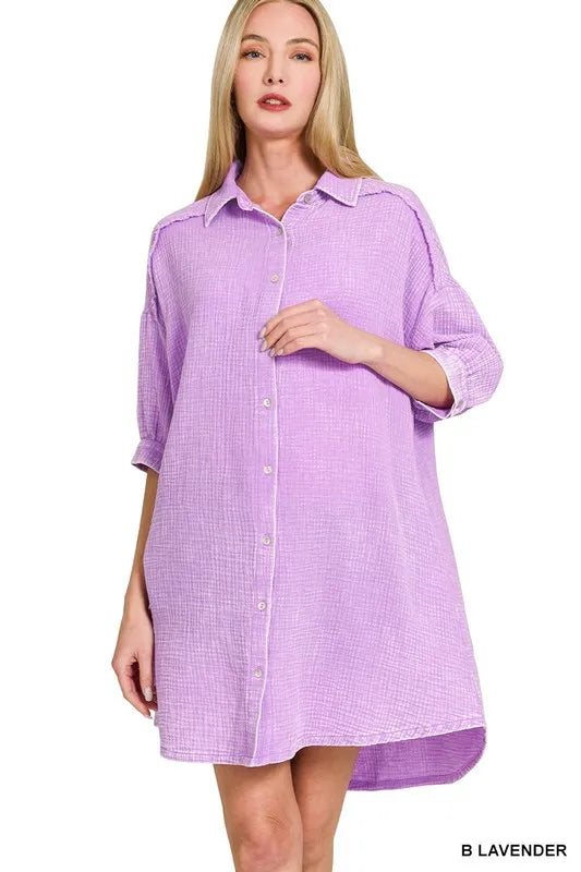 Zenana Washed Double Gauze Button Down Shirt Dress B LAVENDER OutfitFlow