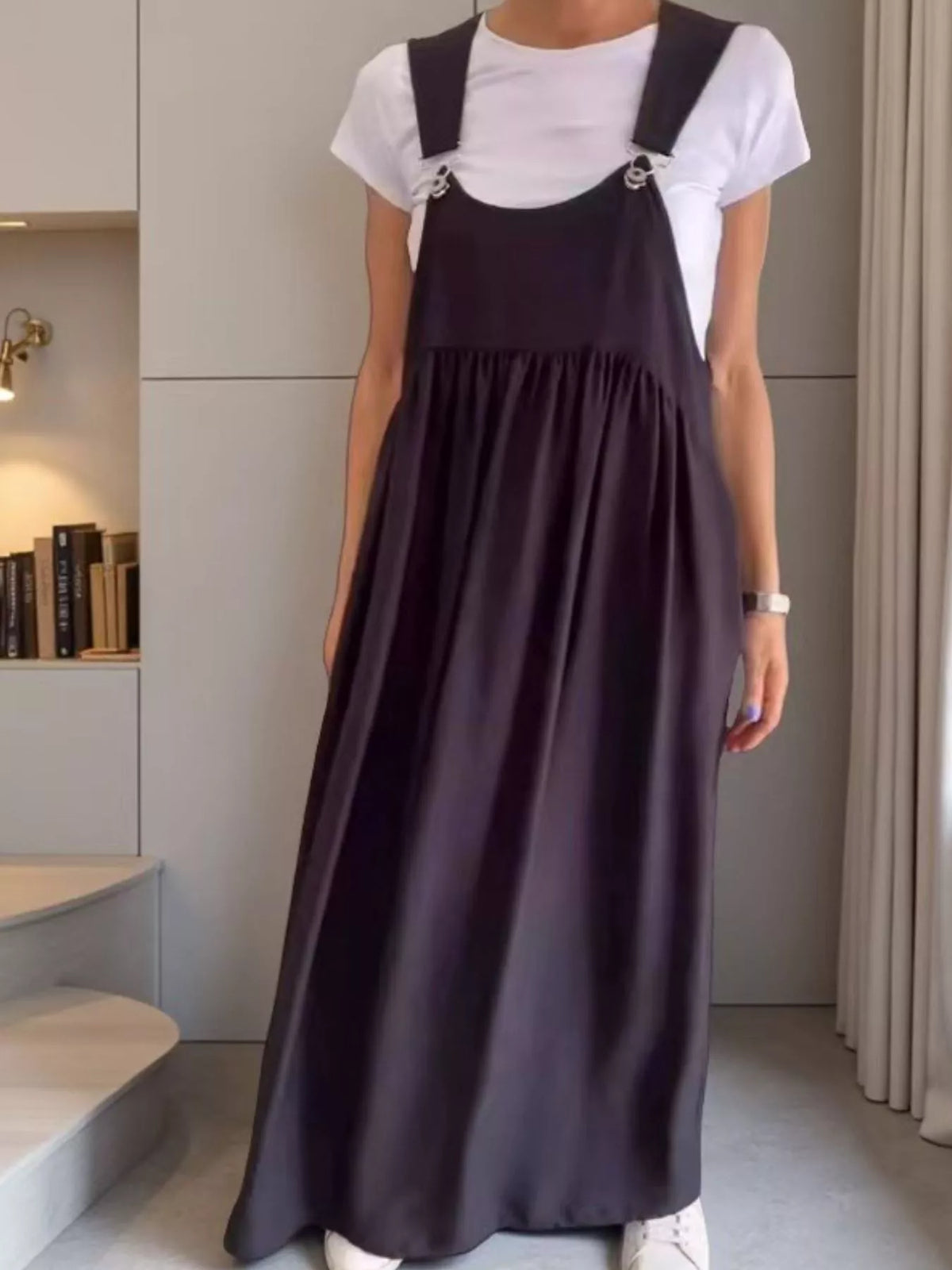 Full Size Ruched Wide Strap Overall Maxi Dress Plus Size Black OutfitFlow
