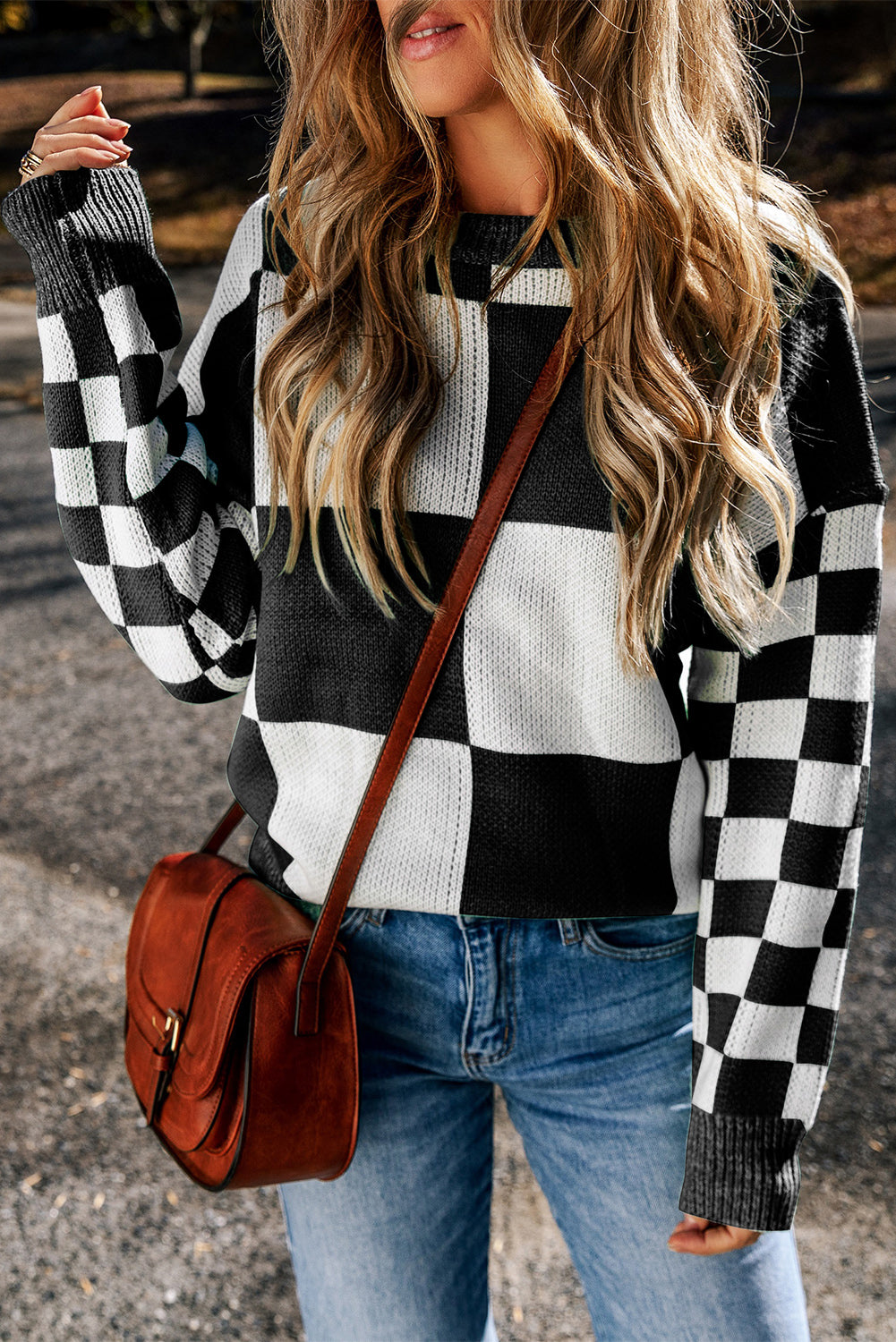 Outfit Flow - Checkered Round Neck Drop Shoulder Sweater