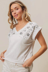 BiBi Slub Jersey Rhinestone V Neck Top OutfitFlow