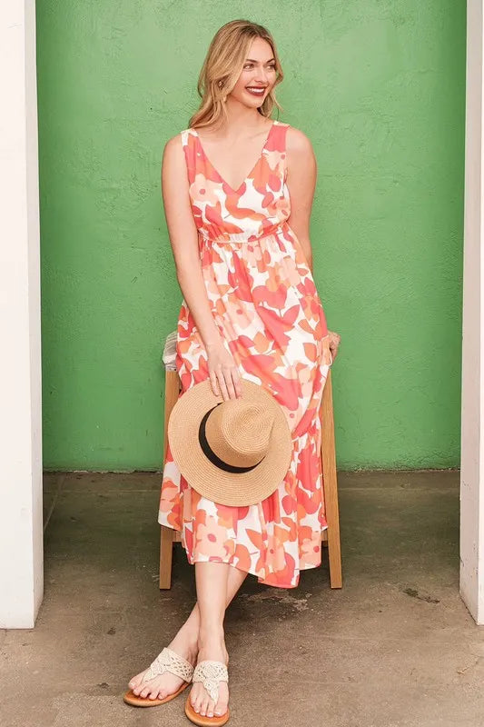 Lime 'N' Chili Sleeveless Floral Print V-Neck Midi Dress OutfitFlow