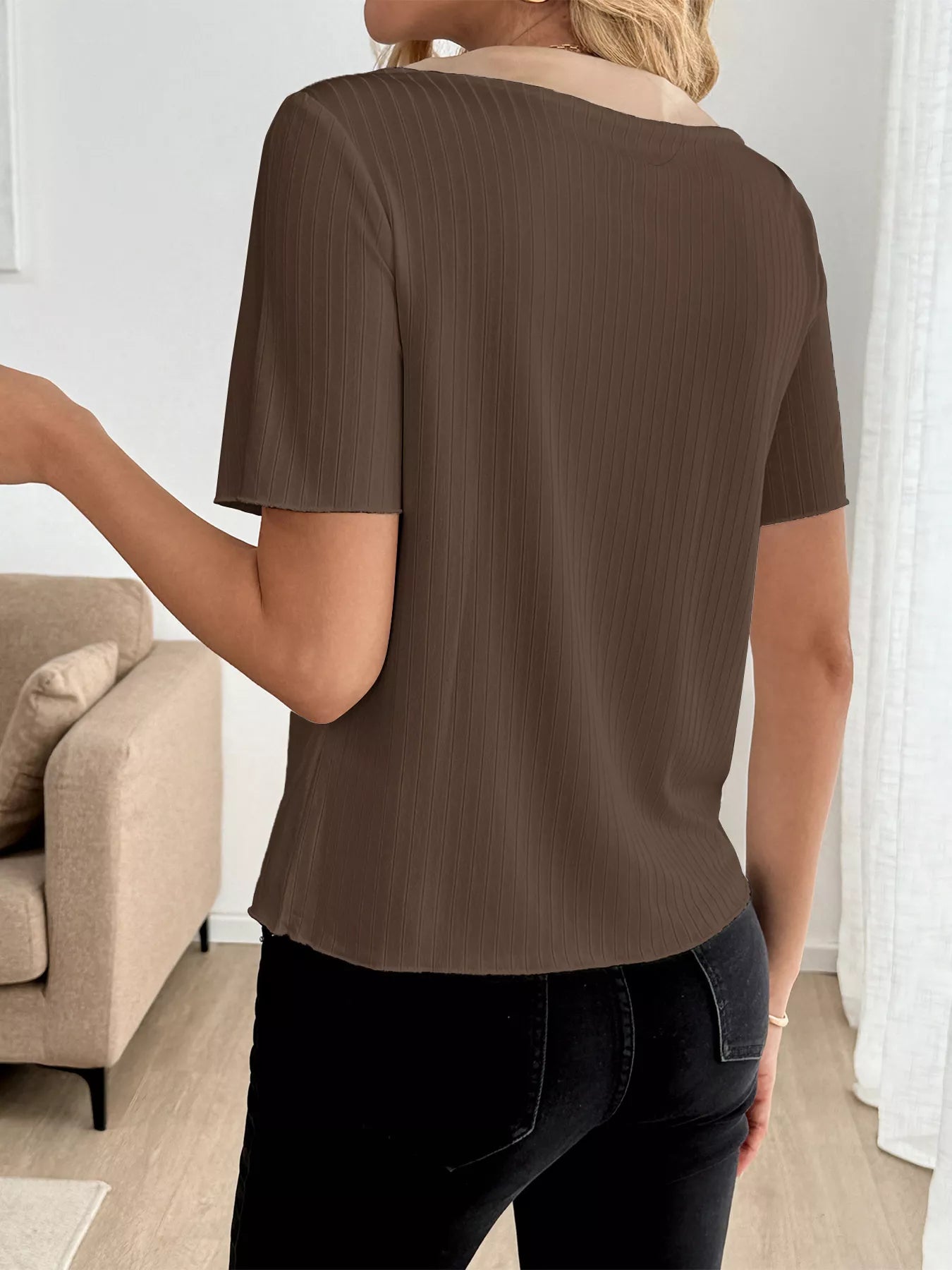 Decor Button Round Neck Short Sleeve Blouse OutfitFlow