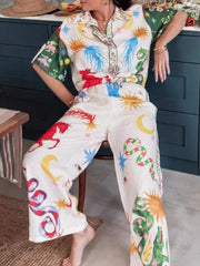 Printed Half Sleeve Shirt and Pants Set OutfitFlow