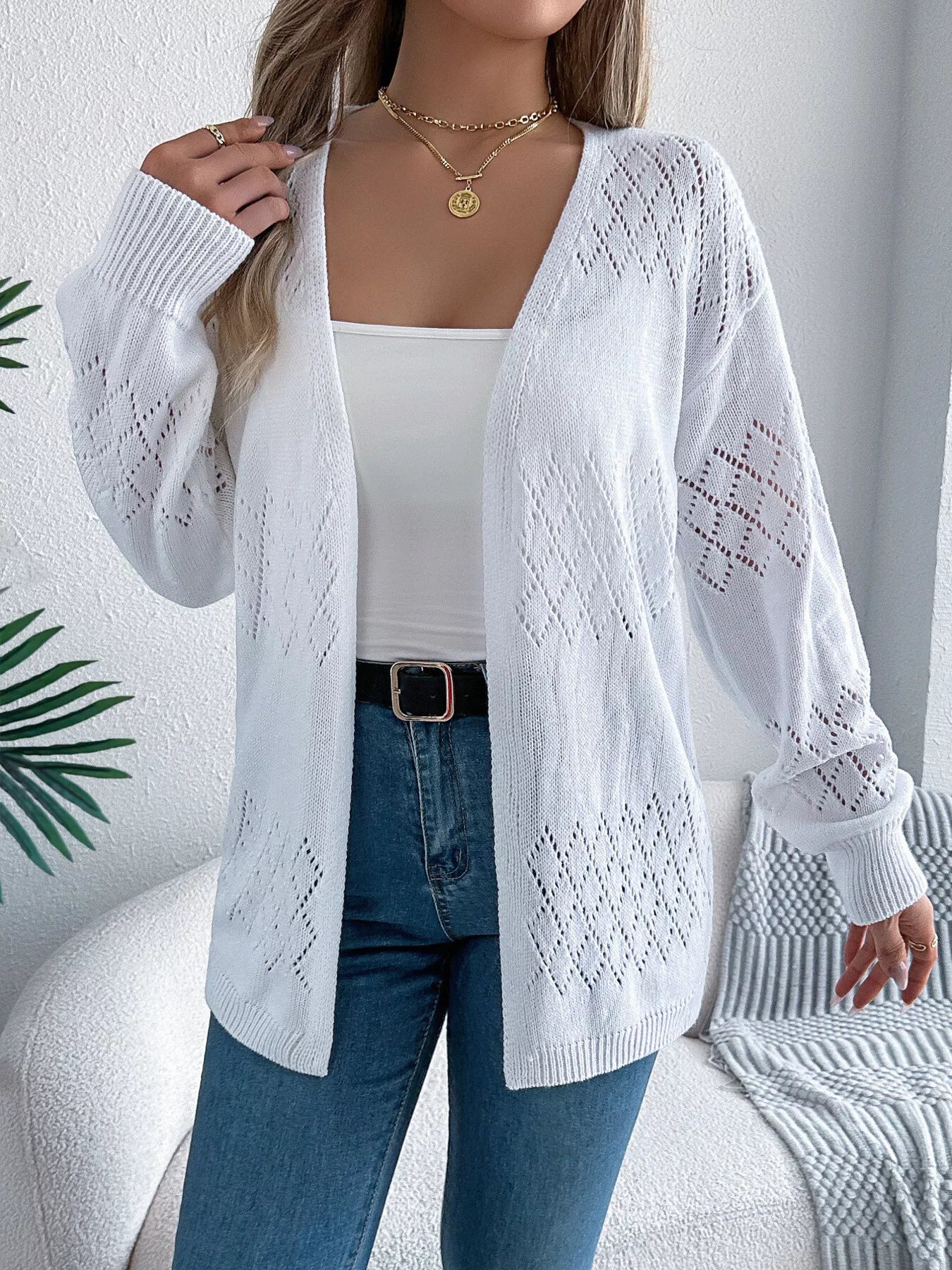 Openwork Open Front Long Sleeve Cardigan OutfitFlow