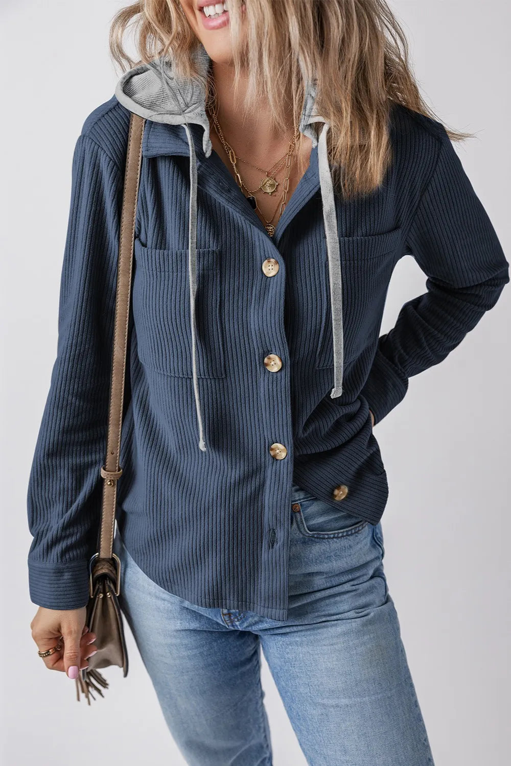 Drawstring Button Up Long Sleeve Hooded Jacket OutfitFlow