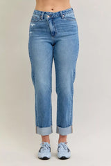 Judy Blue High Waist Bf Criss-cross Mild Destroy Jeans with Single Cuff MD OutfitFlow