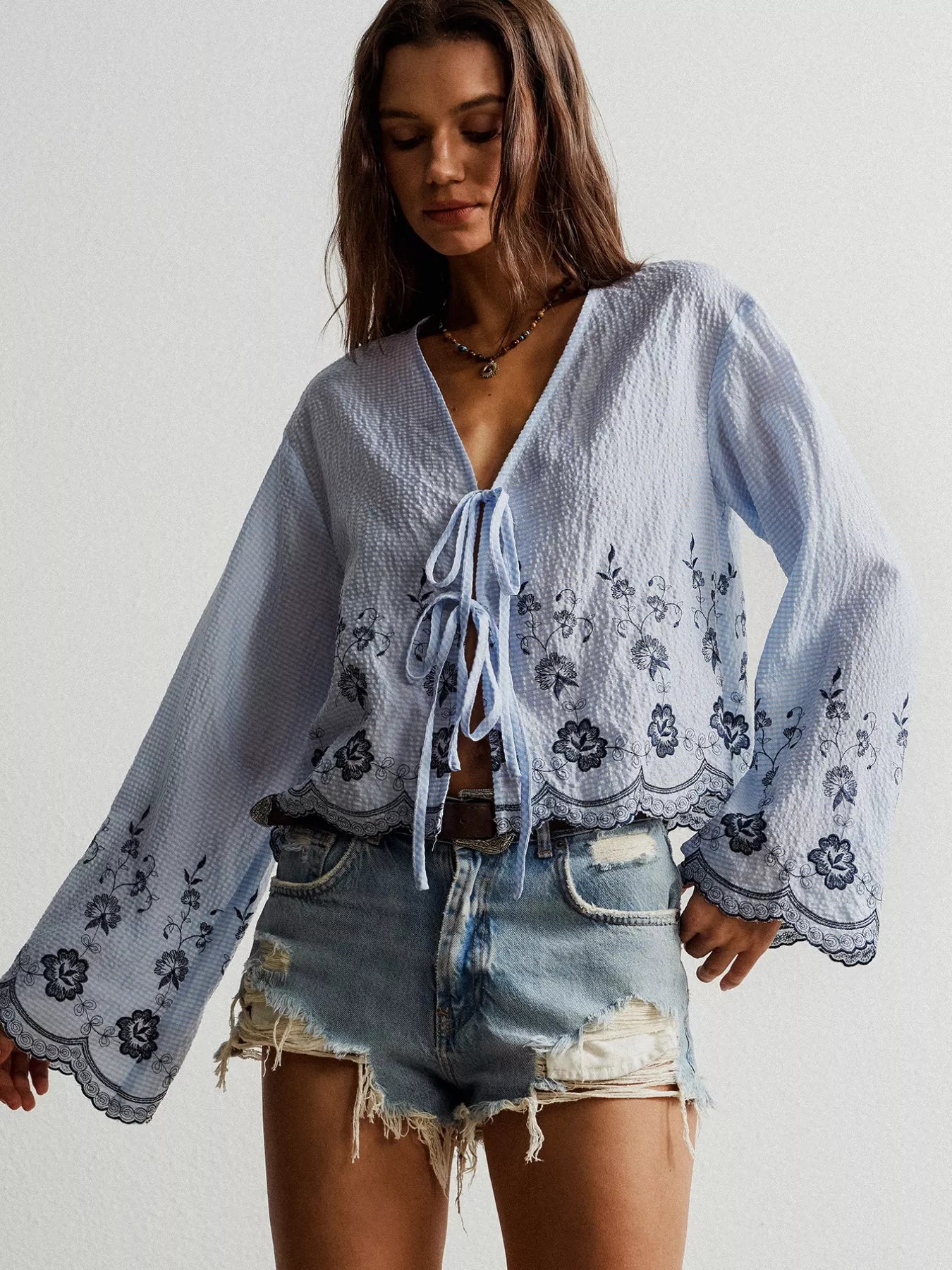 Floral Embroidered Tie-Front Blouse OutfitFlow