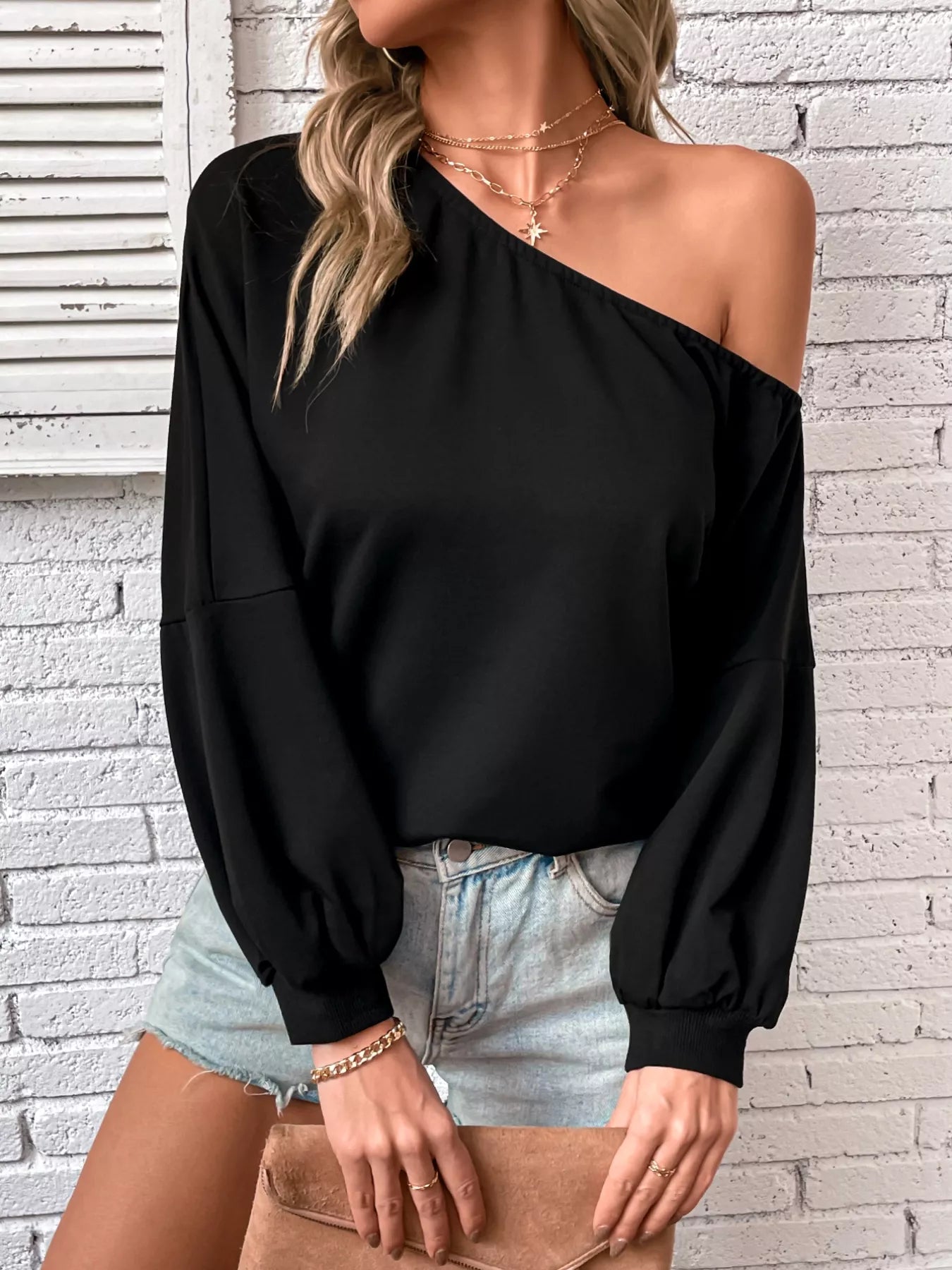 One-Shoulder Long Sleeve Casual Sweatshirt OutfitFlow