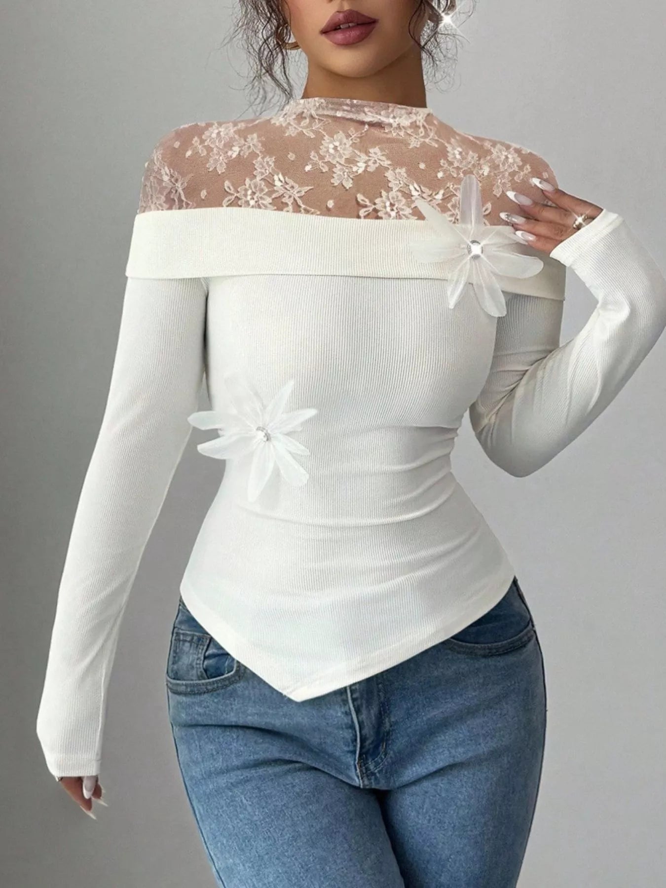 Lace Detail Long Sleeve Top OutfitFlow